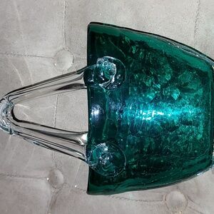 VTG Stained Glass Art Desktop “Purse” Emerald Green Crackle Vase. 8"×8"